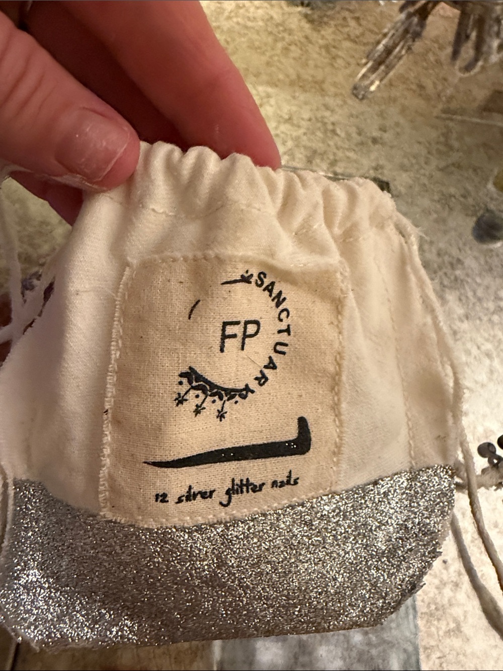 Free People Cream and Silver Glitter Drawstring Pouch with 12 glitter nails